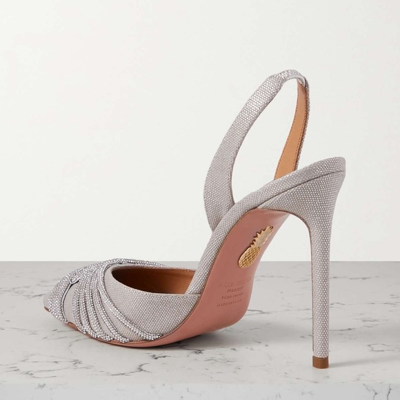 New AQUAZZURA Gatsby 105 crystal-embellished metallic canvas slingback pumps - Picture 4 of 13